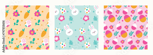 Happy Easter seamless pattern vector. Set of square cover design with easter egg, flower, rabbit, carrot. Spring season repeated in fabric pattern for prints, wallpaper, cover, packaging, kids, ads.