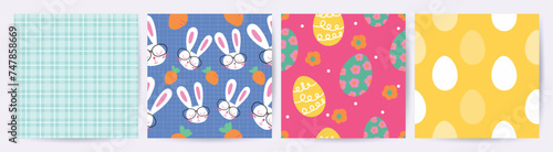 Happy Easter seamless pattern vector. Set of square cover design with easter egg, flower, rabbit, carrot. Spring season repeated in fabric pattern for prints, wallpaper, cover, packaging, kids, ads.