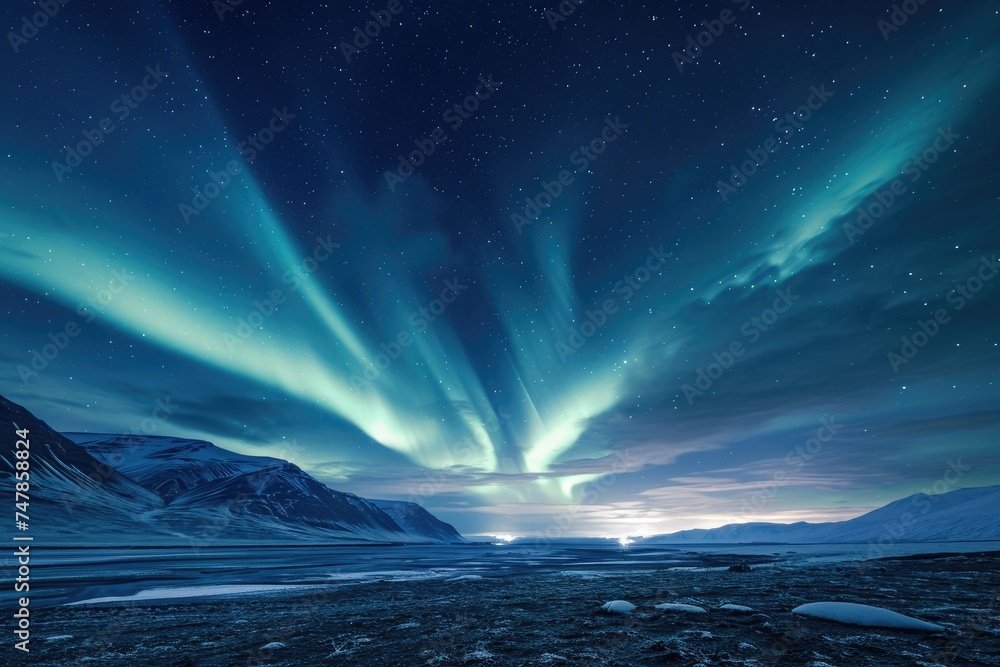 An awe-inspiring aurora borealis illuminates the night sky as it dances above a majestic mountain range covered in snow, The Northern Lights dancing over a barren tundra, AI Generated An awe-inspiring aurora borealis illuminates the night sky as it dances above a majestic mountain range covered in snow, The Northern Lights dancing over a barren tundra, AI Generated