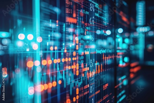 A computer screen showing a detailed and comprehensive array of data representing various metrics and trends, The passage of financial transactions in an abstract manner, AI Generated © Iftikhar alam