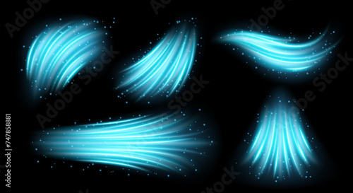 Air conditioner flow wind effect. Abstract light blue neon waves or 3d magic smoke. Breeze cold swirls isolated on white background, vector illustration