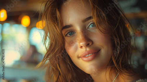 A young woman smiling, with a cozy café ambiance and warm lighting