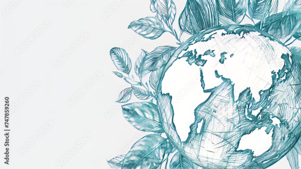 Invest in our planet. Background for an ecology concept. Design featuring a globe map drawing and leaves isolated on a white background. Invest in our planet. Background for an ecology concept. Design featuring a globe map drawing and leaves isolated on a white background.