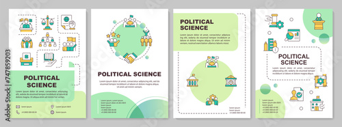 Politics science circle green brochure template. Government structure. Leaflet design with linear icons. Editable 4 vector layouts for presentation, annual reports. Arial-Bold, Lato-Regular fonts used