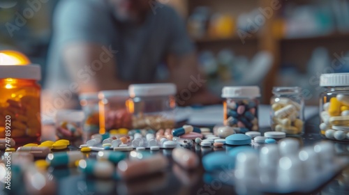 A table filled with numerous pills and bottles of medication, creating a cluttered and overwhelming scene