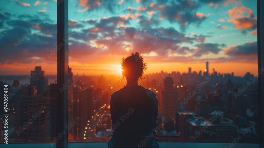A silhouette of a person is seen admiring the sprawling cityscape against the twilight sky, portraying urban dreamscape and reflection A silhouette of a person is seen admiring the sprawling cityscape against the twilight sky, portraying urban dreamscape and reflection