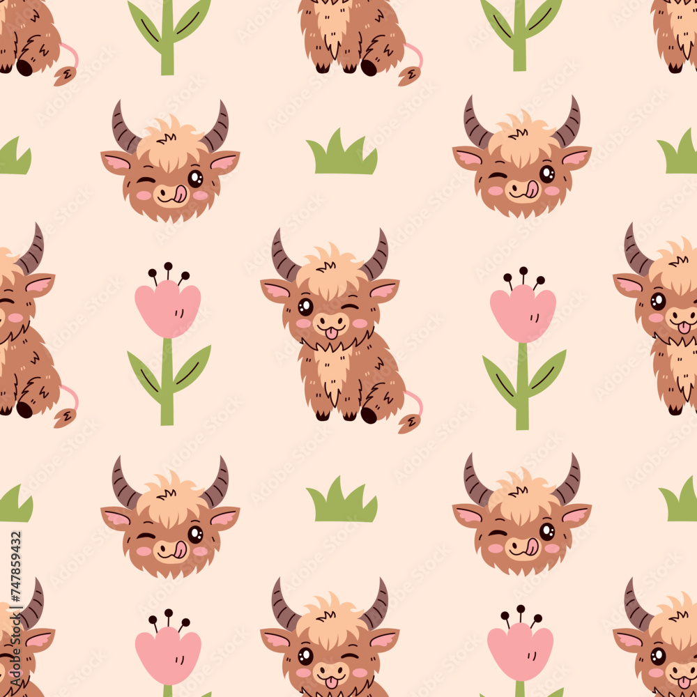 Highland cow character seamless pattern. Cute cattle on pasture. Pastel colored background with happy livestock animal flowers and grass. Repeat vector illustration for kids baby dairy products milk Highland cow character seamless pattern. Cute cattle on pasture. Pastel colored background with happy livestock animal flowers and grass. Repeat vector illustration for kids baby dairy products milk