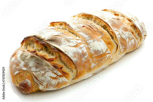 A freshly baked artisan bread loaf on a white background