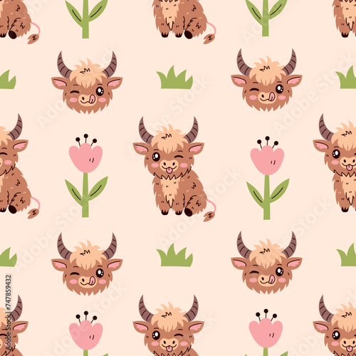 Highland cow character seamless pattern. Cute cattle on pasture. Pastel colored background with happy livestock animal flowers and grass. Repeat vector illustration for kids baby dairy products milk