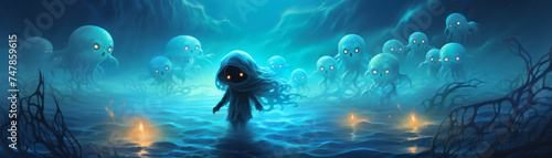 Playful chibi grim reaper with jellyfish spirits underwater scene