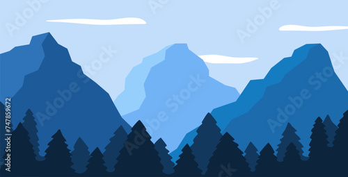 Mountain landscape with forest. Morning wood panorama, pine trees and mountains silhouettes. Hills and forest and sky with clouds. Minimalist Natural wallpapers. Vector forest background. Panoramic