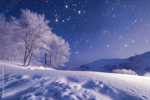 A captivating photo of a snowy landscape featuring trees covered in snow and a sky filled with stars, The soft illumination of a snow-covered landscape under a starry winter night, AI Generated