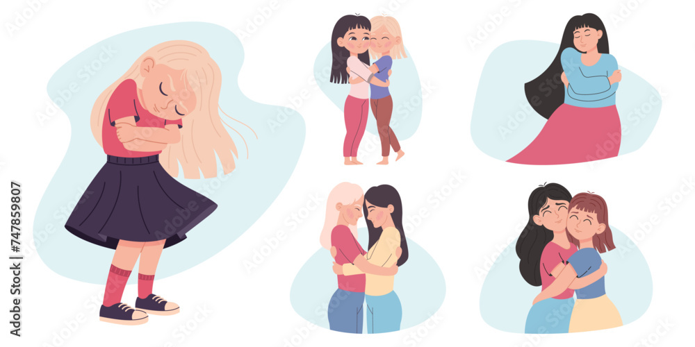 Set of illustrations with hugs, vector illustration Set of illustrations with hugs, vector illustration