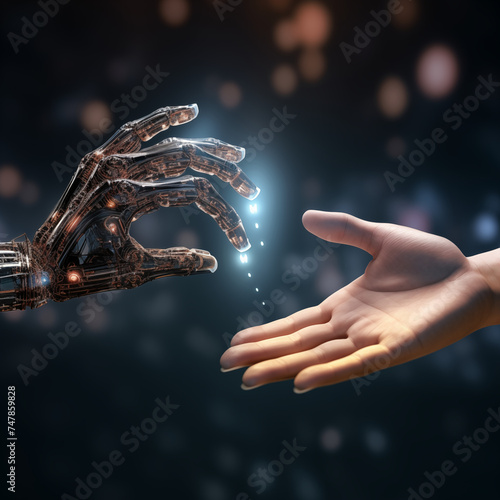 Artificial intelligence robot hand and human hand, Technology and Science concept. Digital transformation futuristics, AI,3D