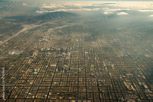 This photo captures the panoramic view of a city with a towering mountain as its backdrop, The sprawling grid of Los Angeles from an aerial view, AI Generated