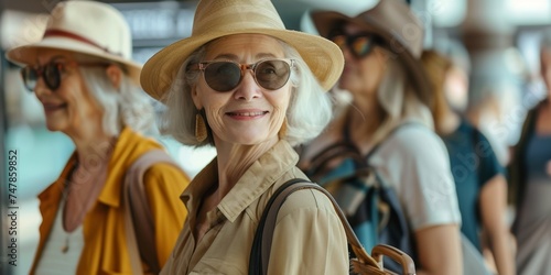 Two happy retired ladies, wearing sunglasses and hats, anticipate a vacation at the airport.