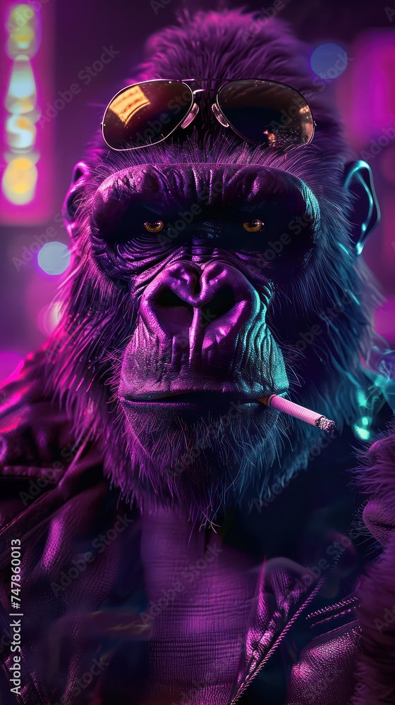 Stylish gorilla wearing sunglasses and smoking. Neon-lit portrait with urban nightlife theme.