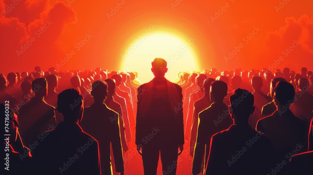 Individual facing a bright light amidst a crowd. Conceptual representation of leadership or enlightenment with a vibrant orange backdrop
