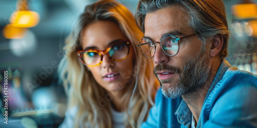 A focused and smart business couple working together in an office, analyzing data with a laptop.