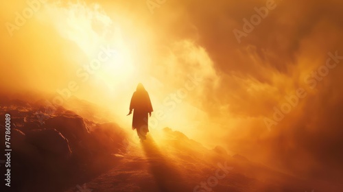 Bright sun light and bible book silhouette of the Holy Jesus Christ guiding the bright path