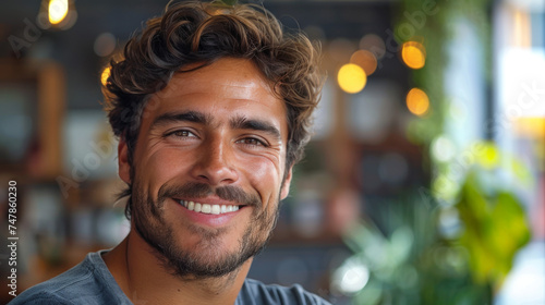 Engaging portrait of a handsome smiling man with a relaxed and friendly demeanor in a cafe