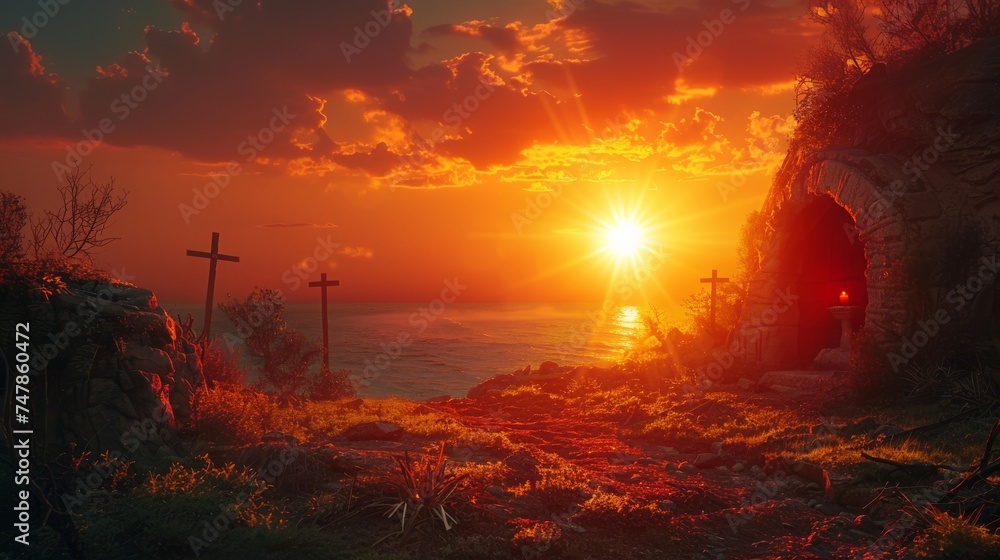 In the distance are three crosses - Resurrection Concept - Empty Tomb Of Jesus Christ At Sunrise