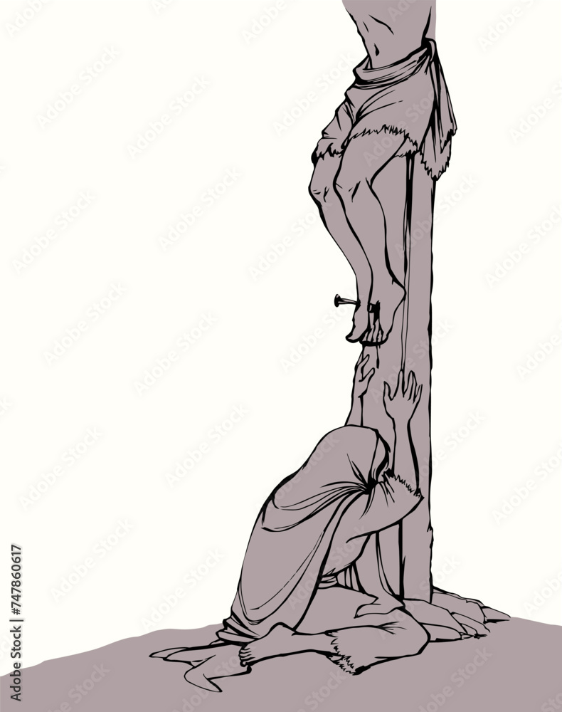 Vector drawing. Woman crying at the foot of the cross Stock Vector ...