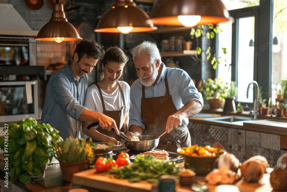 A man and two women are seen actively preparing food in a kitchen, Three generations cooking together in a warm family kitchen, AI Generated