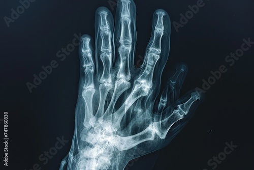 This photo displays an x-ray image of a hand, revealing the intricate structure of its bones, Three-dimensional X-ray film of a human's phalanges, AI Generated © Iftikhar alam