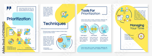 Prioritization techniques green circle brochure template. Leaflet design with linear icons. Editable 4 vector layouts for presentation, annual reports. Questrial, Lato-Regular fonts used
