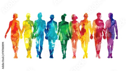 Watercolor silhouettes of diverse people holding hands. Inclusion and unity concept isolated on white background.