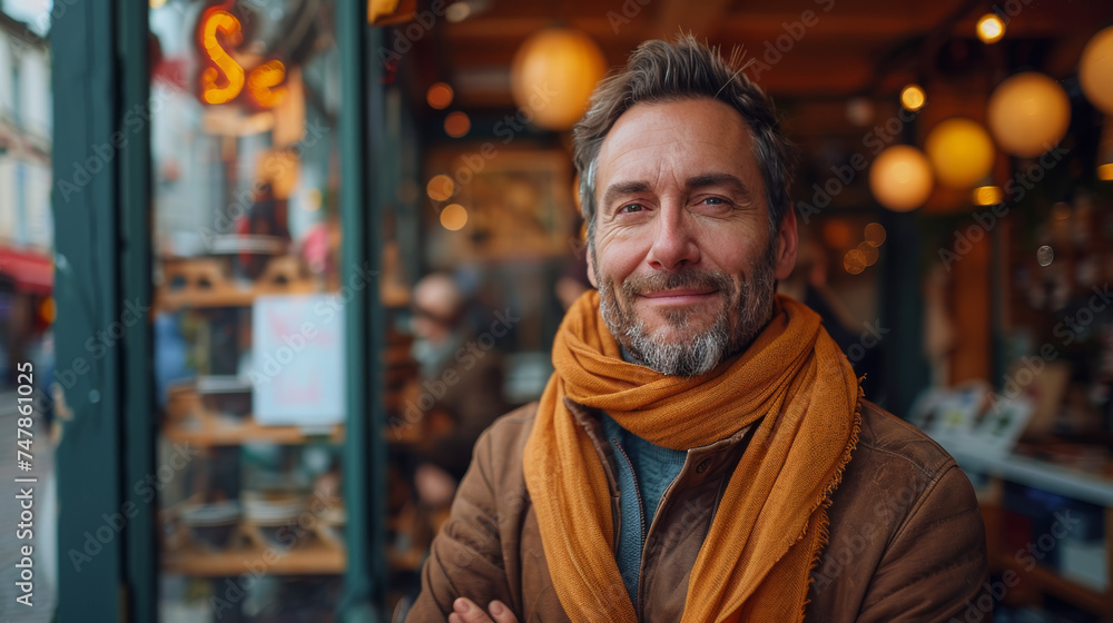 Portrait of a smiling mature man with a warm scarf standing outside a cafe, conveying coziness and contentment