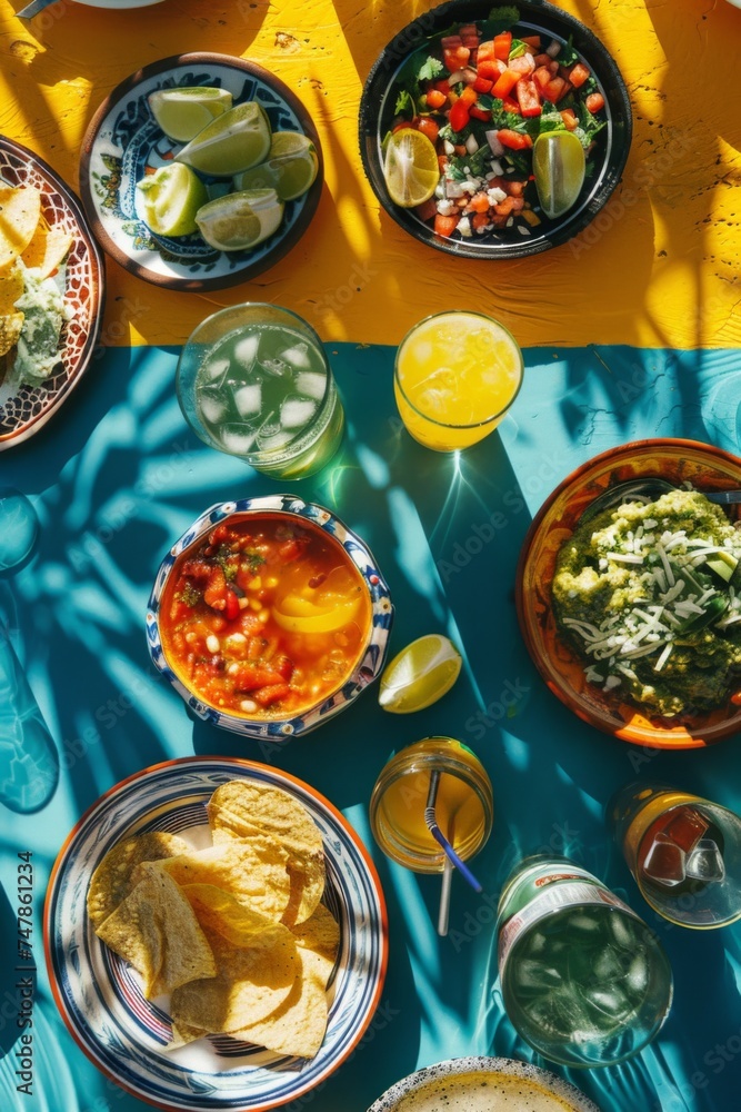 Colorful mexican cuisine spread on a vibrant table with sunshine