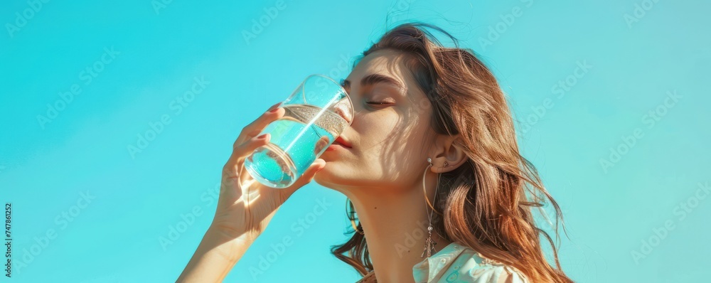Beautiful young woman drinking pure water from glass on light blue background