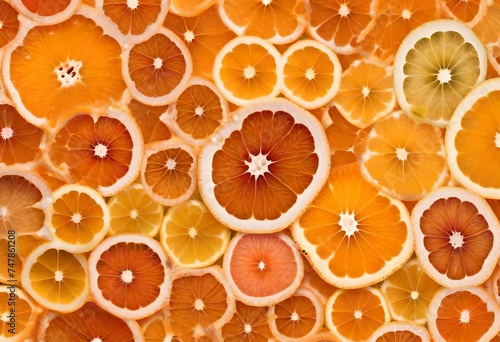 Closeup macrophotograph of a thin slice of an orange fruit (Citrus sp.) showing the diverse and abstract cellular structure.-