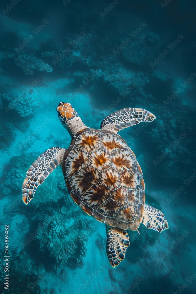 Fototapeta premium Majestic sea turtle swimming serenely in crystal clear ocean waters surrounded by coral reefs