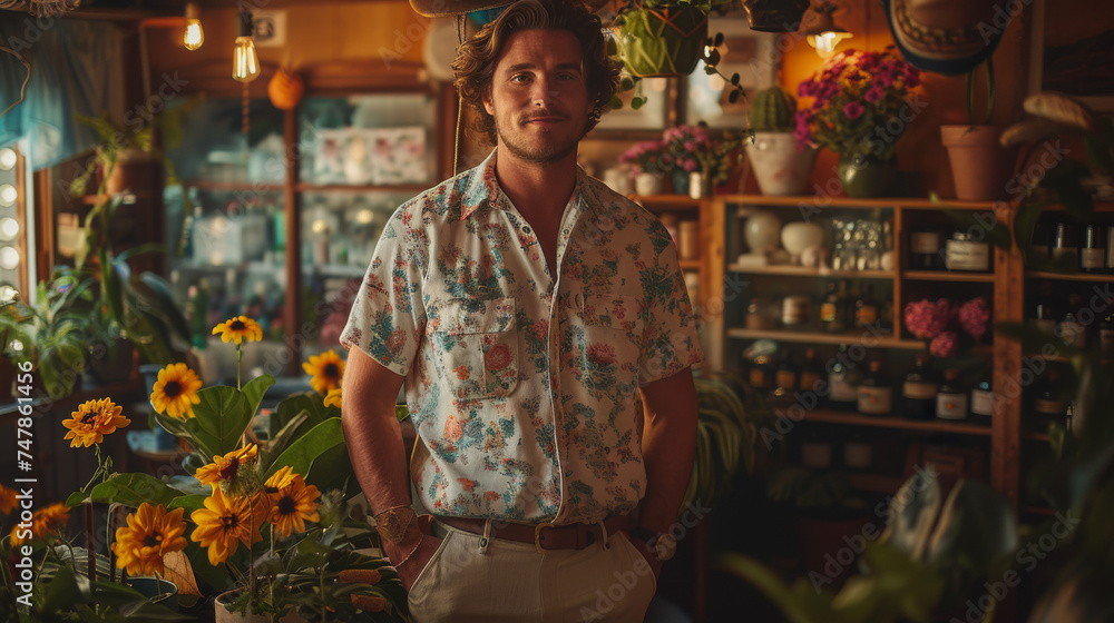 A trendy man poses in a vibrant, bohemian-style flower shop full of plant life