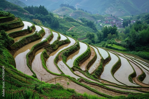 A captivating view of a group of rice terraces carved into the mountain slopes, showcasing natures ingenuity and human cultivation techniques, Tiered rice terraces in rural China, AI Generated © Iftikhar alam