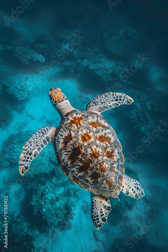 Majestic sea turtle swimming serenely in crystal clear ocean waters surrounded by coral reefs