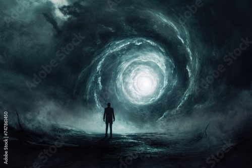 A man stands in the middle of a dark tunnel, holding a flashlight and illuminating the surrounding area, Time traveller emerging from a large spiraling portal, AI Generated