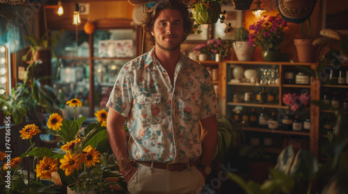 A trendy man poses in a vibrant, bohemian-style flower shop full of plant life