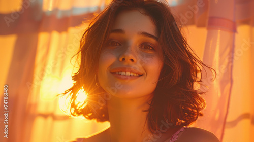 Portrait of a smiling young woman basking in the warm glow of a sunset, showcasing spontaneity