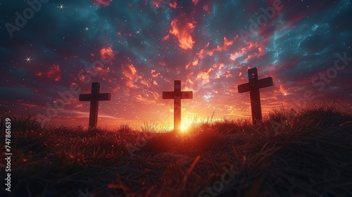 At sunrise, 3 wooden crosses with cloudy and starry skies in the background