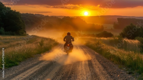 A person is seen riding a motorcycle down a dusty dirt road in a rural area