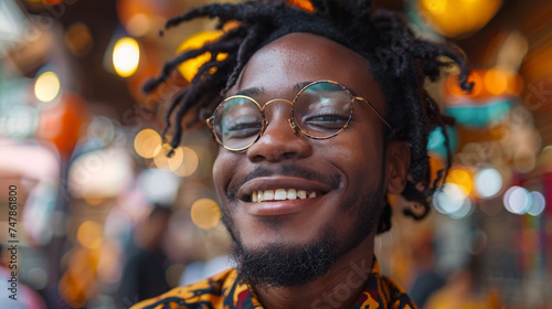 Portrait of a joyful young man with dreadlocks and round glasses, capturing happiness and style