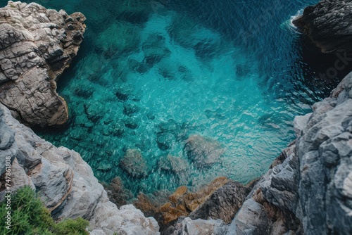 A body of water encircled by rugged rocks, creating a contrast between the clear blue water and the solid formations, Top view of a calm sea brushing against harsh rock faces, AI Generated