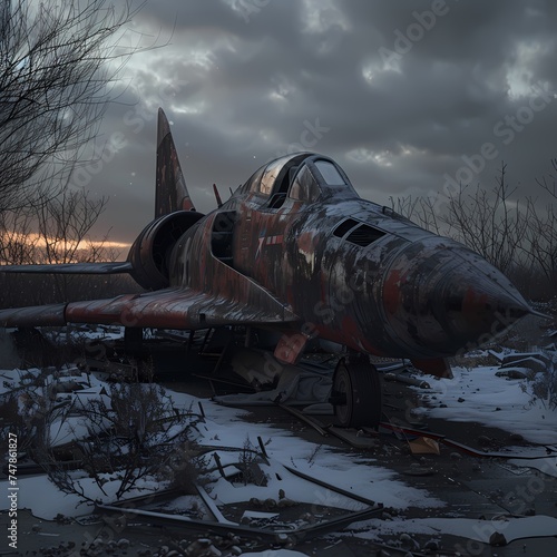 A forgotten fighter jet stands sentinel against a sunset sky  its faded colors telling tales of past valor. The derelict craft is a ghostly monument to bygone battles. AI Generative