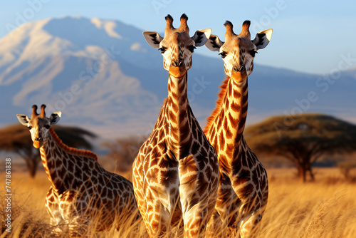 Three giraffe on Kilimanjaro mountain background © wendi