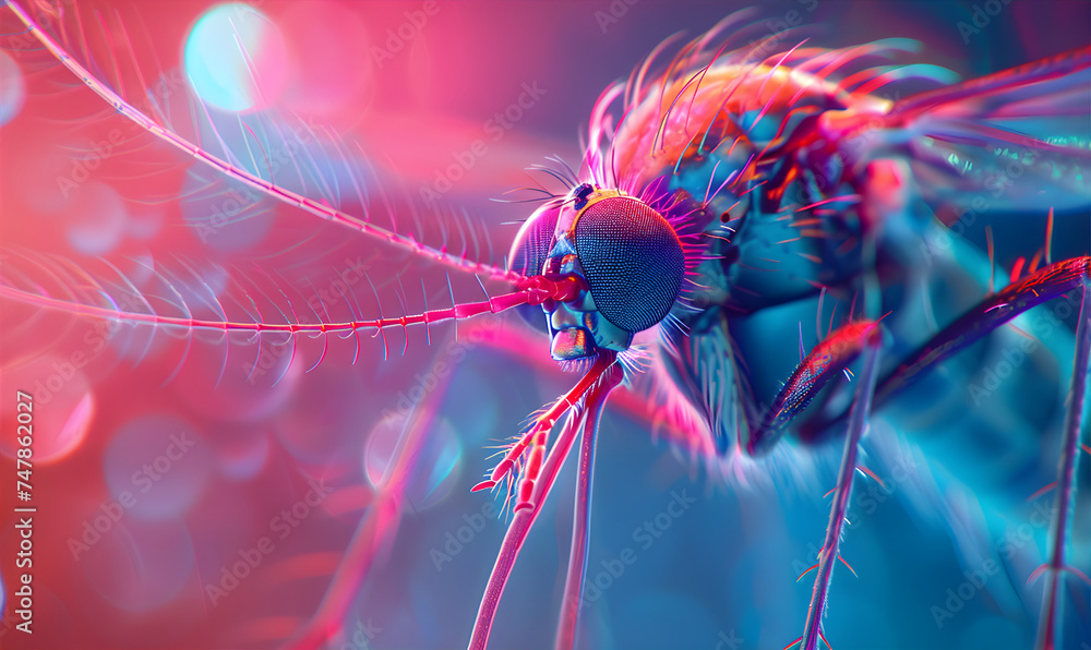 Macro Mosquito with neon lighting. Mosquito is carrier of Malaria, Encephalitis, Dengue and Zika virus concept. - obrazy, fototapety, plakaty 