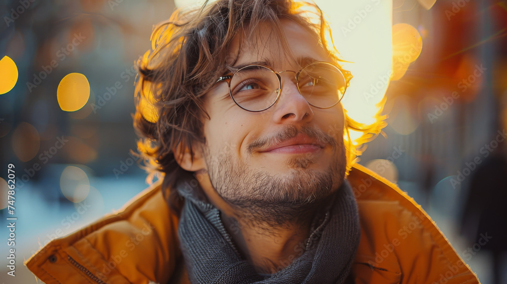 A dreaming man with winter light and a sun flare, creating a sense of contemplation A dreaming man with winter light and a sun flare, creating a sense of contemplation